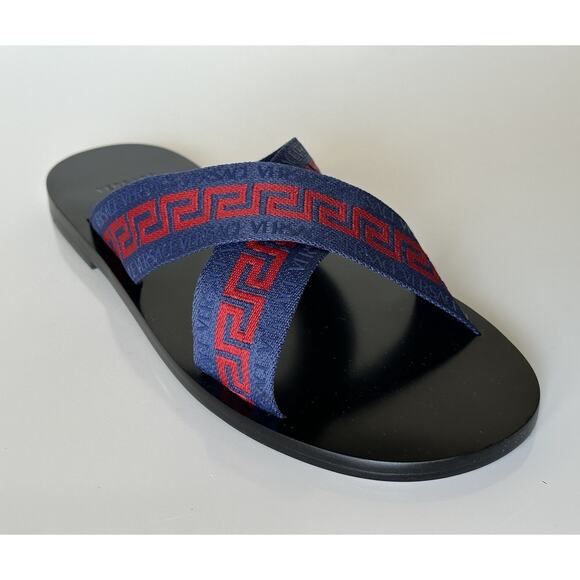 NIB Versace Greca Crisscross Blue/Red Slides Sandals 8.5 US (41.5 Euro) 1006273 - Picture 1 of 12